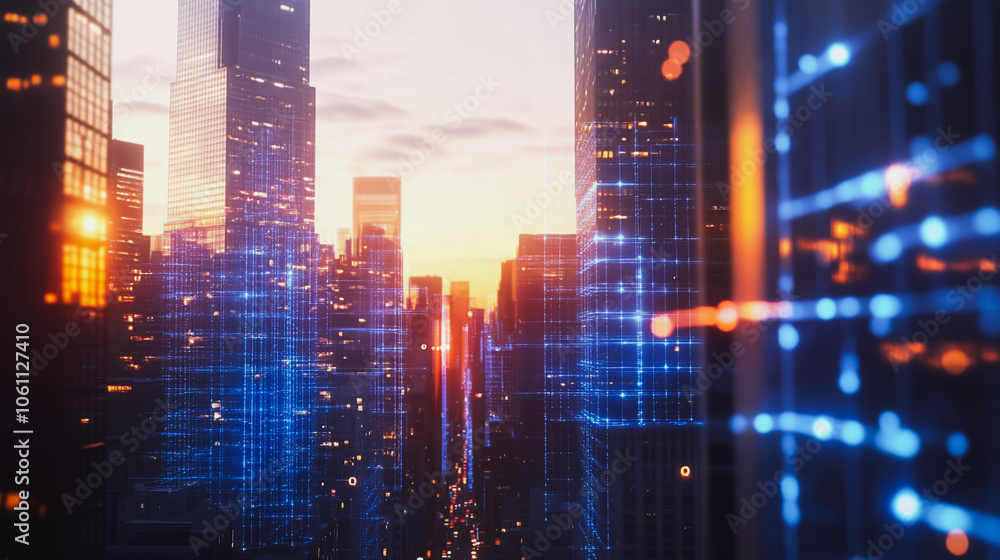 Obraz premium Smart digital city with connection cyber security network reciprocity over the cityscape . future smart wireless digital city and social media networking systems that connects people within the city