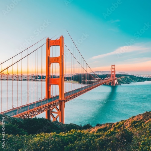 The Golden Gate Bridge at sunset, with a clear blue sky and calm water.