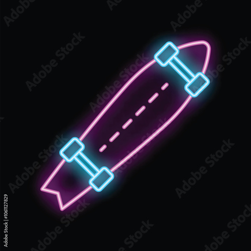 Neon longboard skateboard icon glowing on dark background, great for extreme sports or urban lifestyle content