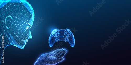AI advancement in gaming industry concept with robotic head holding game controller on dark blue 