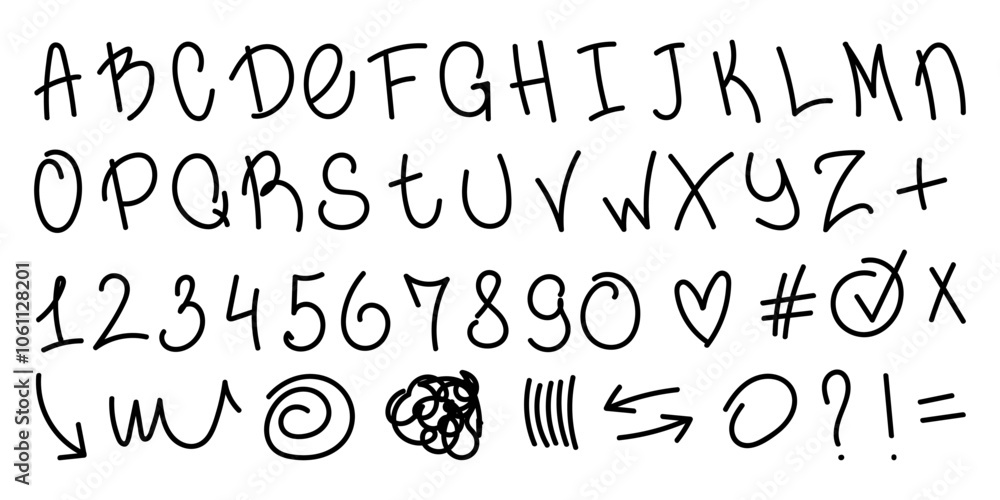 English alphabet letters and numbers in row handwritten scribble doodle black marker drawing set