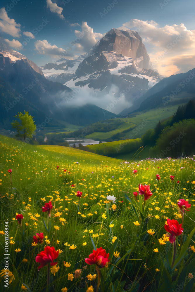 Fototapeta premium Idyllic mountain landscape with blooming flowers. High quality photo