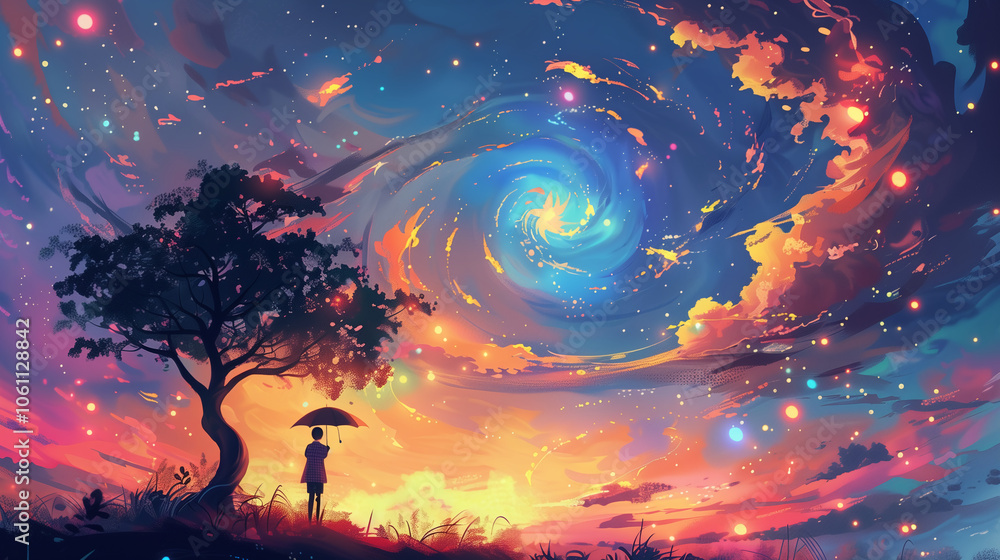 A lone figure stands beneath a large tree, gazing up at a swirling galaxy in the sky A lone figure stands beneath a large tree, gazing up at a swirling galaxy in the sky