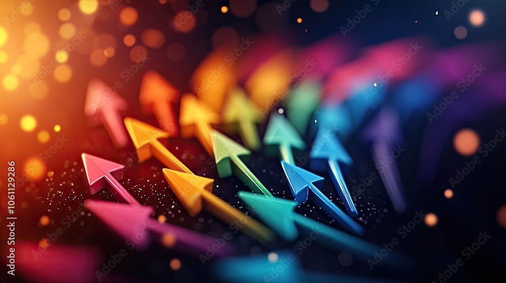 Colorful arrows in motion with sparkles on a dark background. Colorful arrows in motion with sparkles on a dark background.