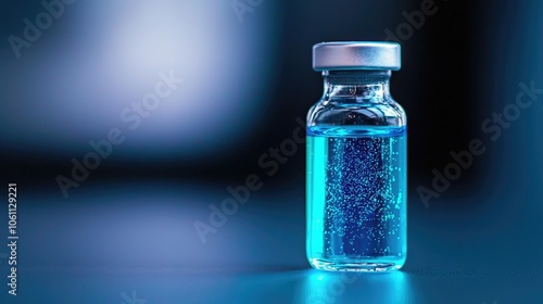 Close-up of a transparent vial with blue liquid against a blurred background.