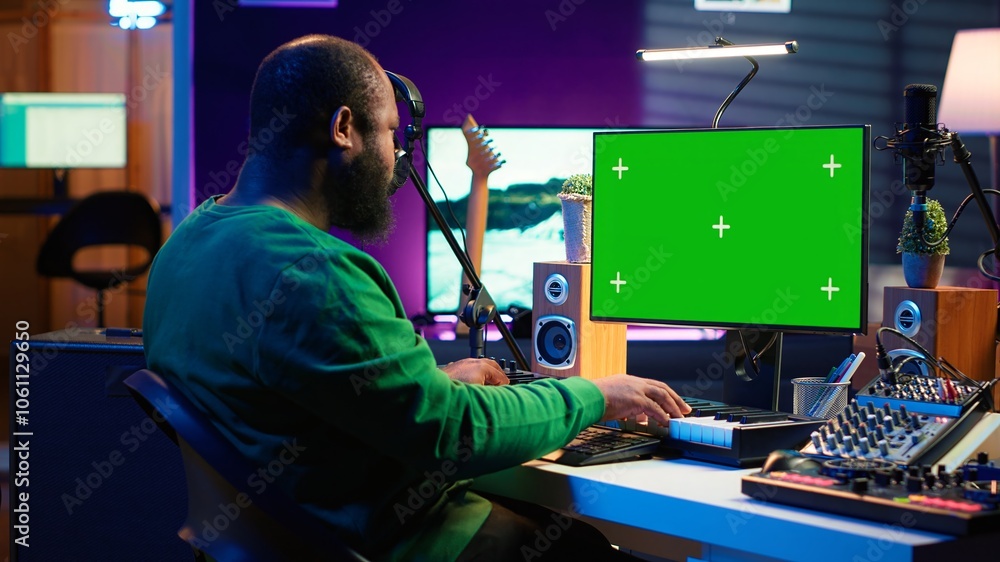 Artist plays midi controller synthesizer next to green screen layout, working on producing new music with his audio musical instruments in home studio. Musician using isolated copy space. Camera A. Artist plays midi controller synthesizer next to green screen layout, working on producing new music with his audio musical instruments in home studio. Musician using isolated copy space. Camera A.