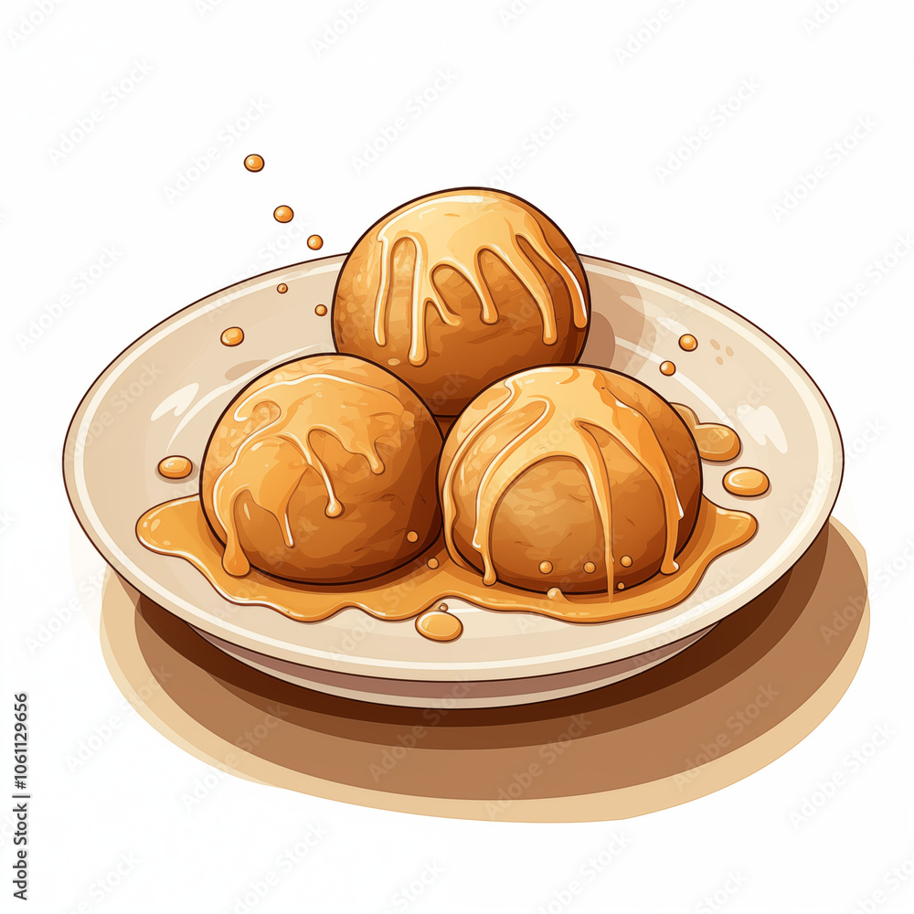 Three delicious cartoon dessert balls drizzled with caramel sauce on a white plate Three delicious cartoon dessert balls drizzled with caramel sauce on a white plate