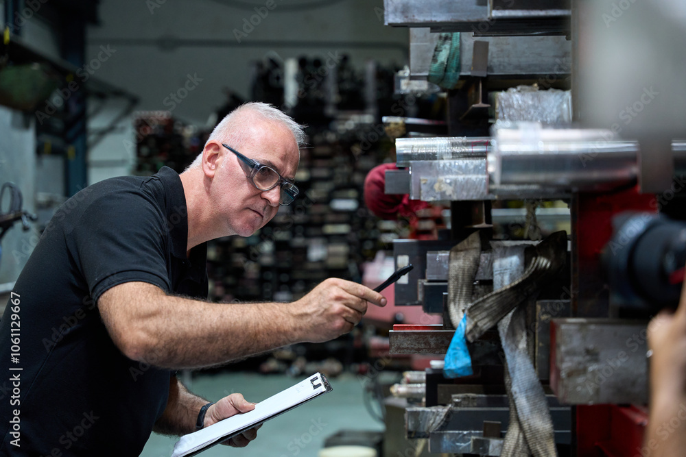 Metalworker inspecting custom mechanical parts in metallurgy fabric Metalworker inspecting custom mechanical parts in metallurgy fabric