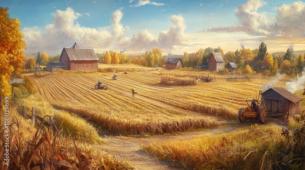 Fototapeta premium Autumn Harvest in the Countryside Landscape with Barns and Tractor