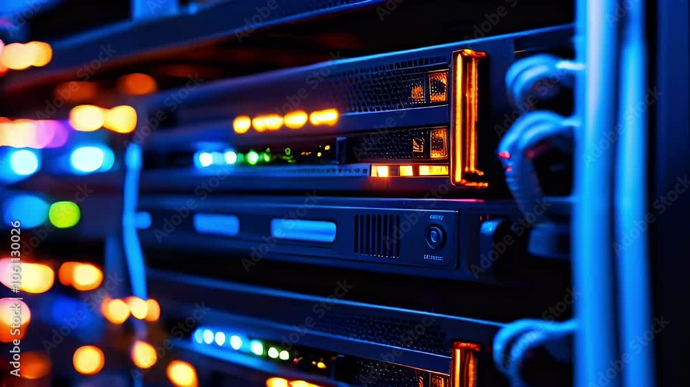 Close-up of server rack with glowing lights. Close-up of server rack with glowing lights.