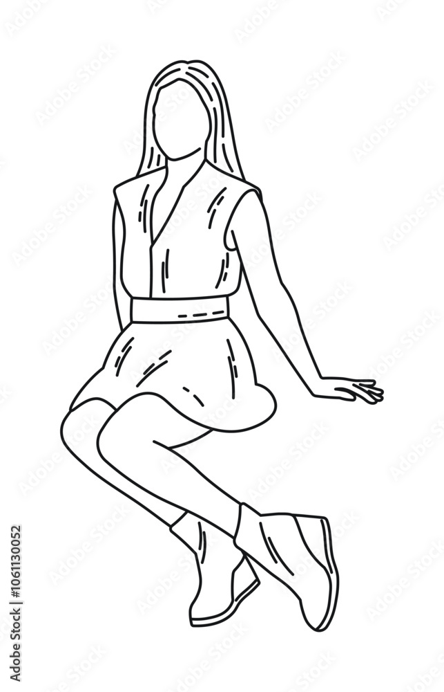 Woman sitting, front view, silhouette sketch Woman sitting, front view, silhouette sketch