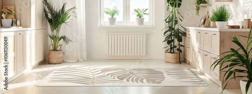 A modern kitchen with a white rug featuring a leafy design photo