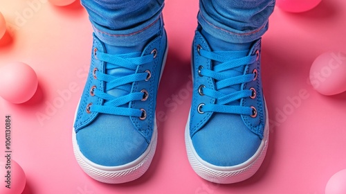 Stylish blue Sneakers on a pink background photo