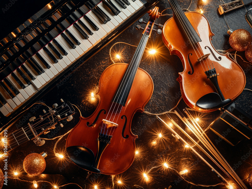 Naklejka premium collection of musical instruments including piano, guitar, and violins, surrounded by warm lights and festive decorations, creating cozy atmosphere