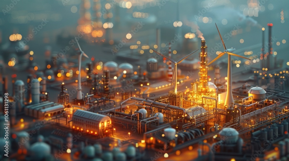 Fototapeta premium Glowing Industrial Cityscape at Dazzling Dusk in Tilt Shift Miniature Style Panoramic aerial view of a bustling urban metropolis with skyscrapers factories power plants