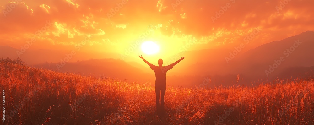 Stunning 3D rendering of a person with arms raised in a lush field at sunset, capturing a sense of freedom against a vibrant orange sky, symbolizing liberation and joy Stunning 3D rendering of a person with arms raised in a lush field at sunset, capturing a sense of freedom against a vibrant orange sky, symbolizing liberation and joy