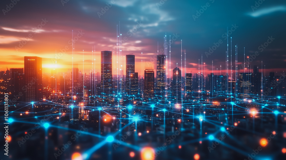 Smart digital city with connection cyber security network reciprocity over the cityscape . future smart wireless digital city and social media networking systems that connects people within the city Smart digital city with connection cyber security network reciprocity over the cityscape . future smart wireless digital city and social media networking systems that connects people within the city