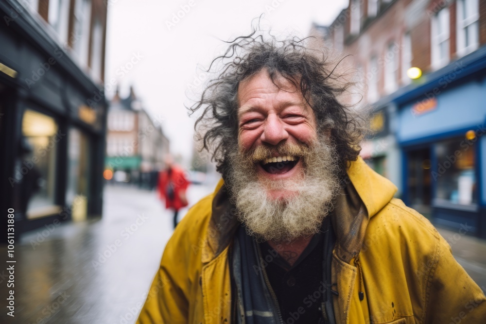 Portrait of an old man with long gray beard and mustache in a yellow raincoat on a city street Portrait of an old man with long gray beard and mustache in a yellow raincoat on a city street