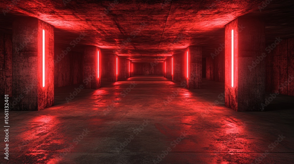 Illuminated concrete tunnel in red glow Illuminated concrete tunnel in red glow