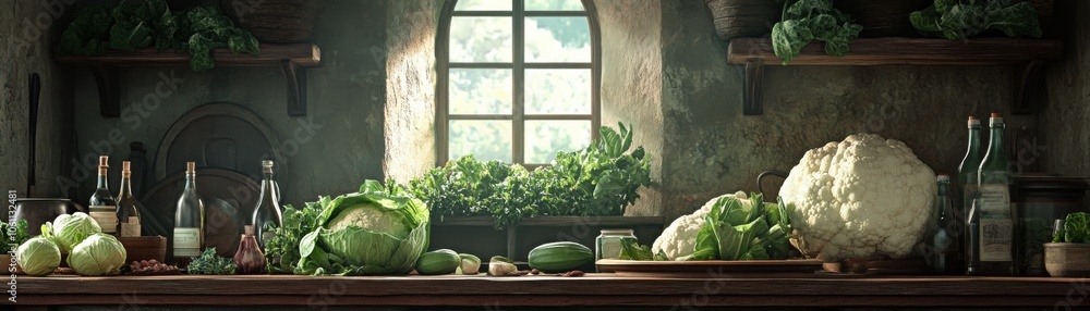 Rustic Kitchen Window Fiber-Rich Foods for Digestive Health Balance Fresh Produce, Greens, and Cauliflower Create a Visual Harmony of Natural Goodness Nourish Your Body from the Inside Out Rustic Kitchen Window Fiber-Rich Foods for Digestive Health Balance Fresh Produce, Greens, and Cauliflower Create a Visual Harmony of Natural Goodness Nourish Your Body from the Inside Out