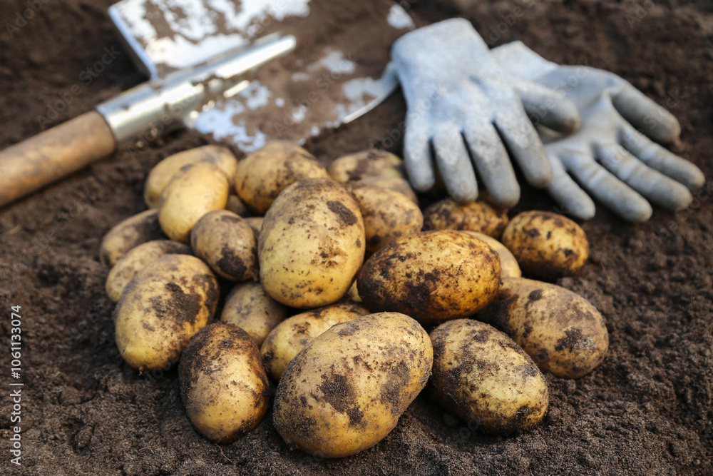 Organic potato harvest close-up. Freshly harvested yellow potatoes with shovel and gloves on soil ground in farm garden. Harvesting vegetables Organic potato harvest close-up. Freshly harvested yellow potatoes with shovel and gloves on soil ground in farm garden. Harvesting vegetables