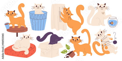 Naughty mischievous cat pet animals bad behavior making problem with home stuff isolated set