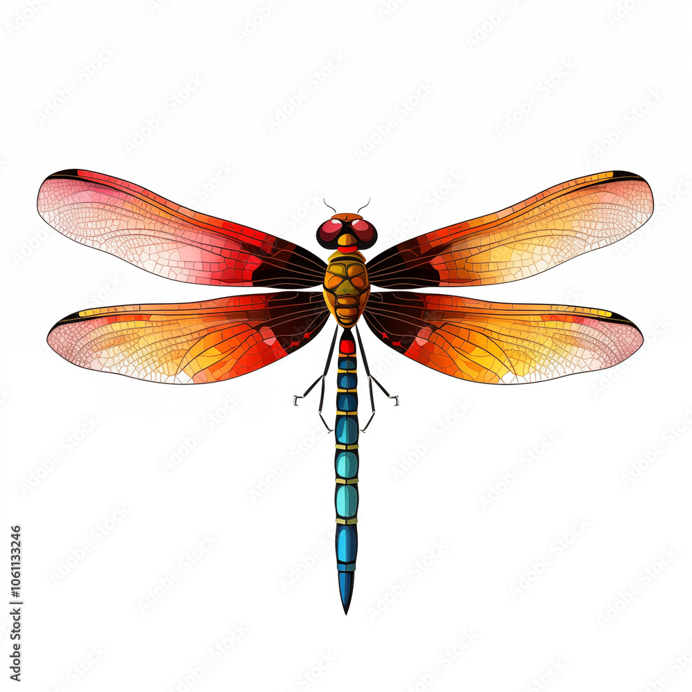 Colorful cartoon dragonfly with intricate wings and vibrant body against a white background Colorful cartoon dragonfly with intricate wings and vibrant body against a white background