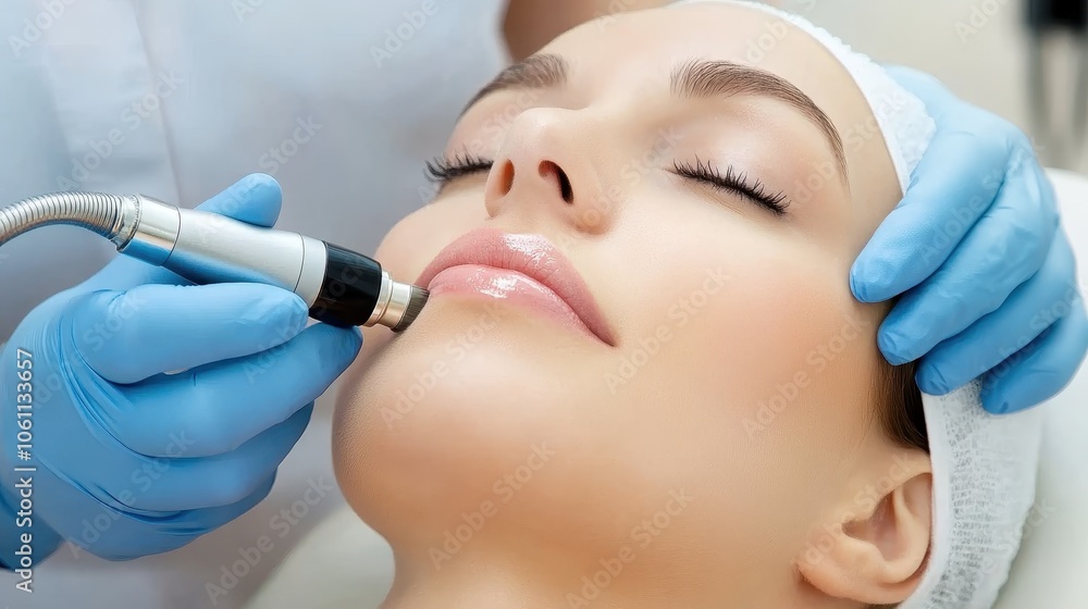 Close-up of a woman receiving a microdermabrasion skin treatment by a cosmetologist, symbolizing skincare and beauty treatments. Close-up of a woman receiving a microdermabrasion skin treatment by a cosmetologist, symbolizing skincare and beauty treatments.