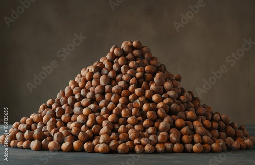 A massive pile of hazelnuts, centered in an empty room, front view, product photography, studio lighting, cinematic, dark background photo