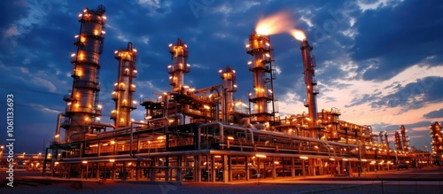 Illuminated industrial oil and gas refinery complex under a dramatic cloudy sunset sky The intricate network of pipes towers and machinery are brightly lit