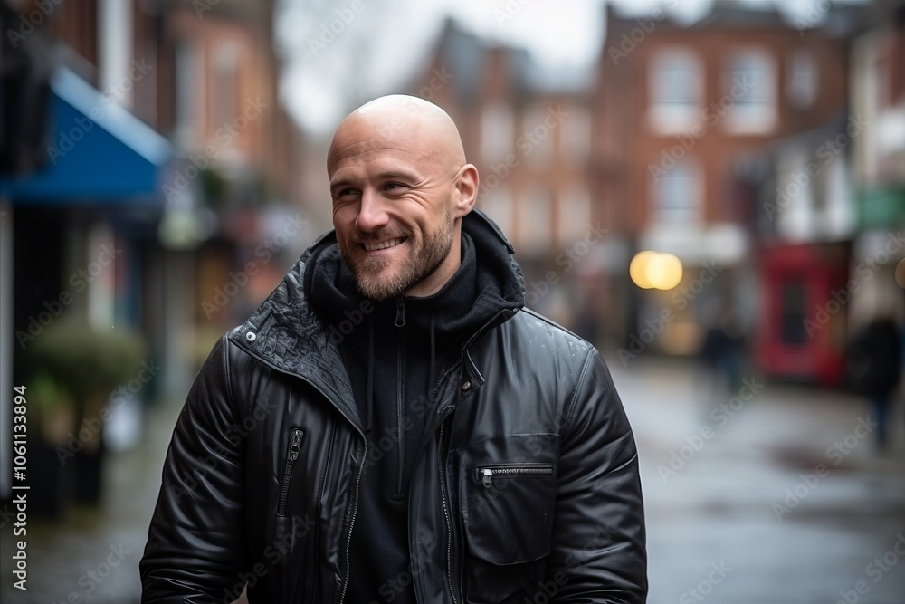 Portrait of a bald man in a leather jacket standing in the street Portrait of a bald man in a leather jacket standing in the street