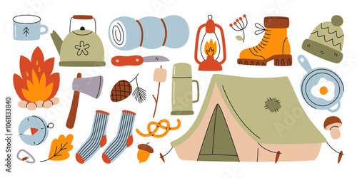 Forest camping outdoor adventure and hiking travel clothing, accessories and supplies isolated set