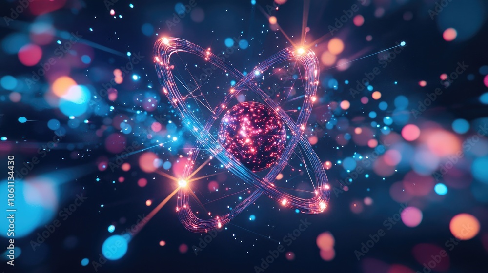 Futuristic 3D atom with luminous particles, symbolizing the cutting-edge research of atomic science Futuristic 3D atom with luminous particles, symbolizing the cutting-edge research of atomic science