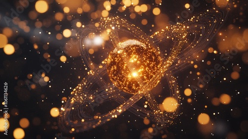 Radiant 3D-rendered atom with particles orbiting, highlighting the complexity of atomic science