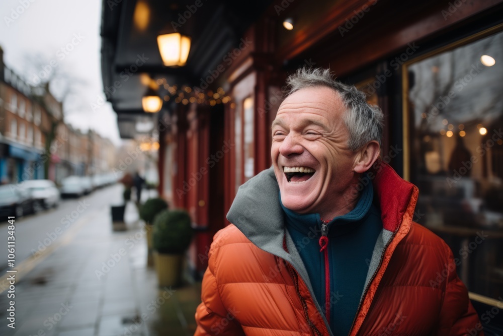 Portrait of a happy senior man laughing in the street in London.