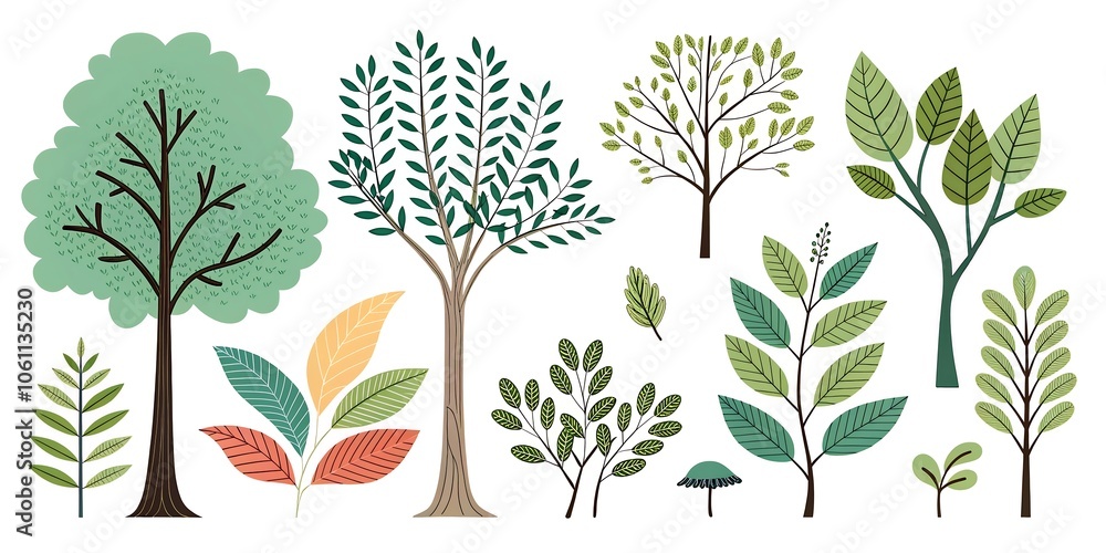 A set of simple drawings of beautiful plants, trees and leaves from nature A set of simple drawings of beautiful plants, trees and leaves from nature