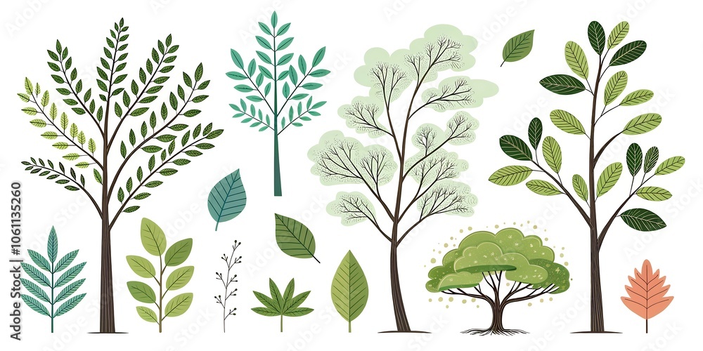 A set of simple drawings of beautiful plants, trees and leaves from nature A set of simple drawings of beautiful plants, trees and leaves from nature