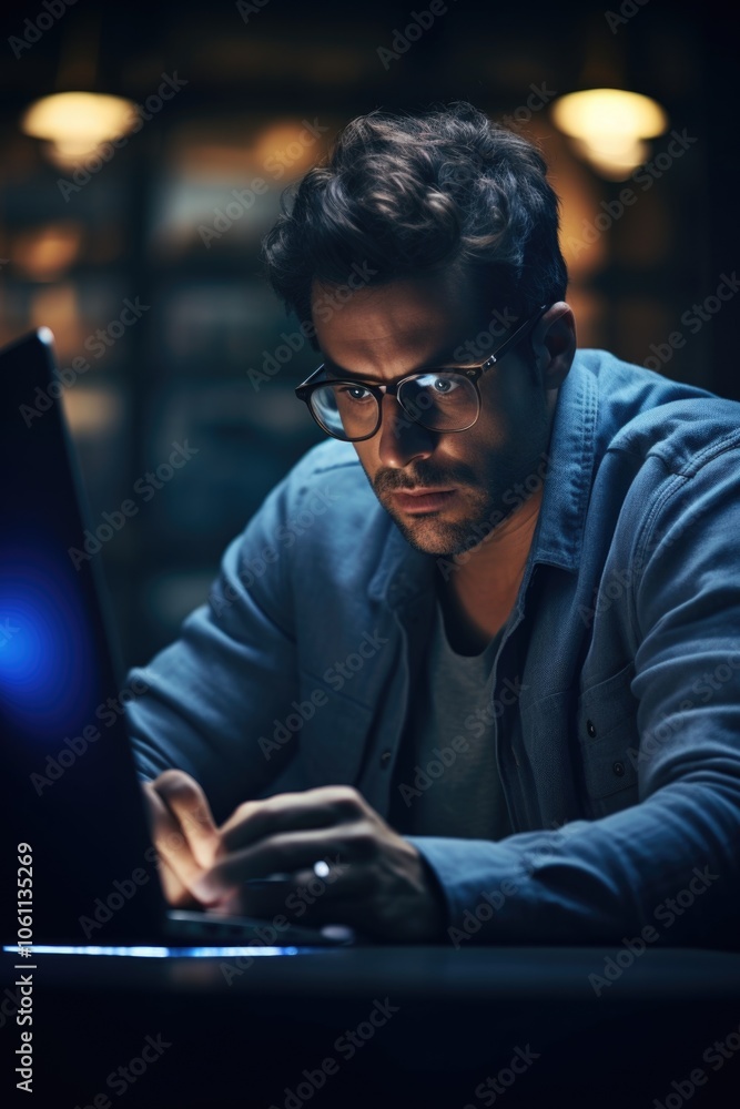 A focused man in glasses is typing on a computer late at night. A focused man in glasses is typing on a computer late at night.