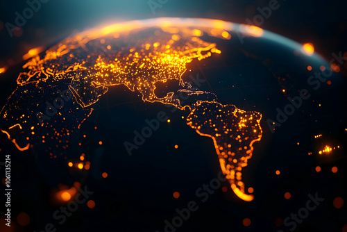 Glowing Earth Map with Orange Lights, globe, world, global, planet, digital