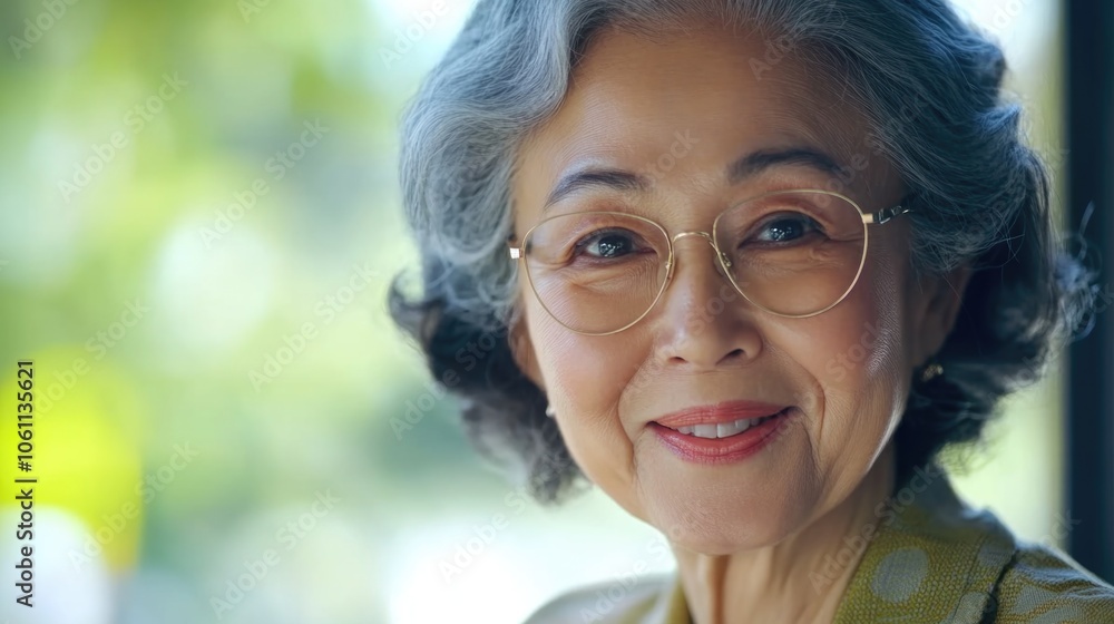 Portrait of an older asian woman smiling, wearing glasses and a kimono-style blouse Portrait of an older asian woman smiling, wearing glasses and a kimono-style blouse