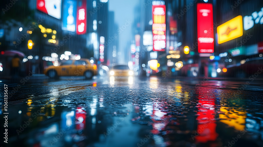 Obraz premium City Rain Reflections, night, street, lights, wet, asphalt