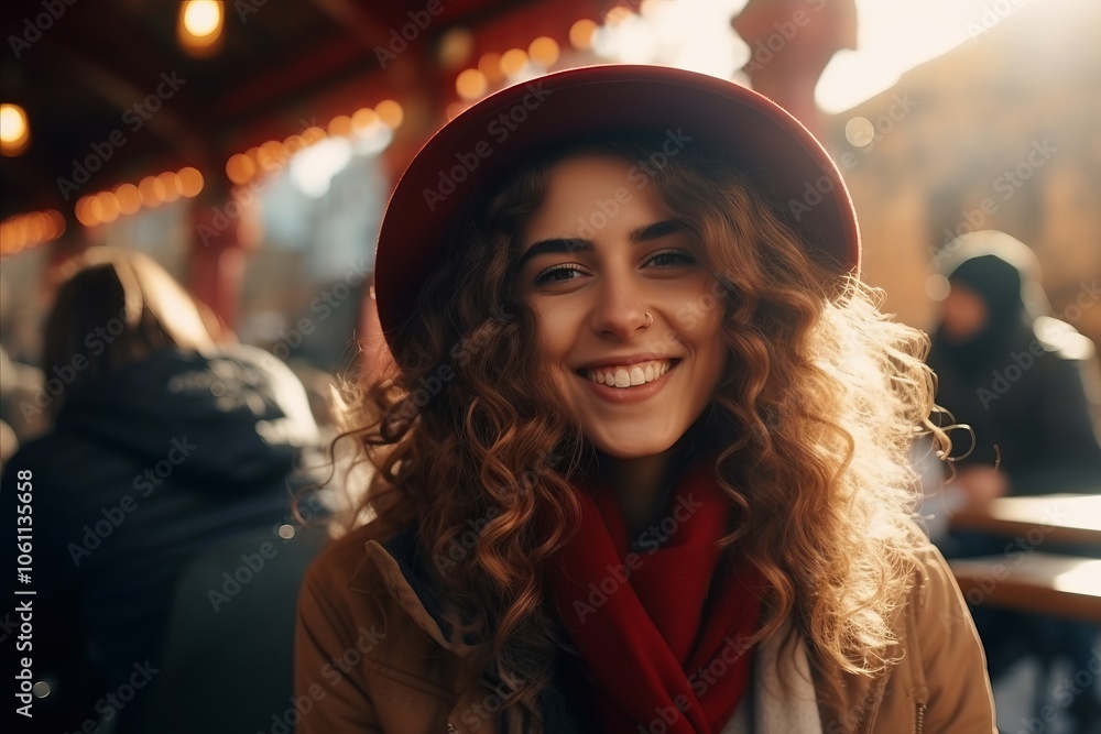 Beautiful young woman with curly hair in a hat on the street Beautiful young woman with curly hair in a hat on the street