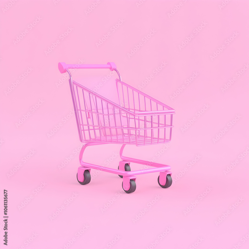 Pink Shopping Cart on Pink Background, trolley, consumerism, retail, supermarket, grocery Pink Shopping Cart on Pink Background, trolley, consumerism, retail, supermarket, grocery