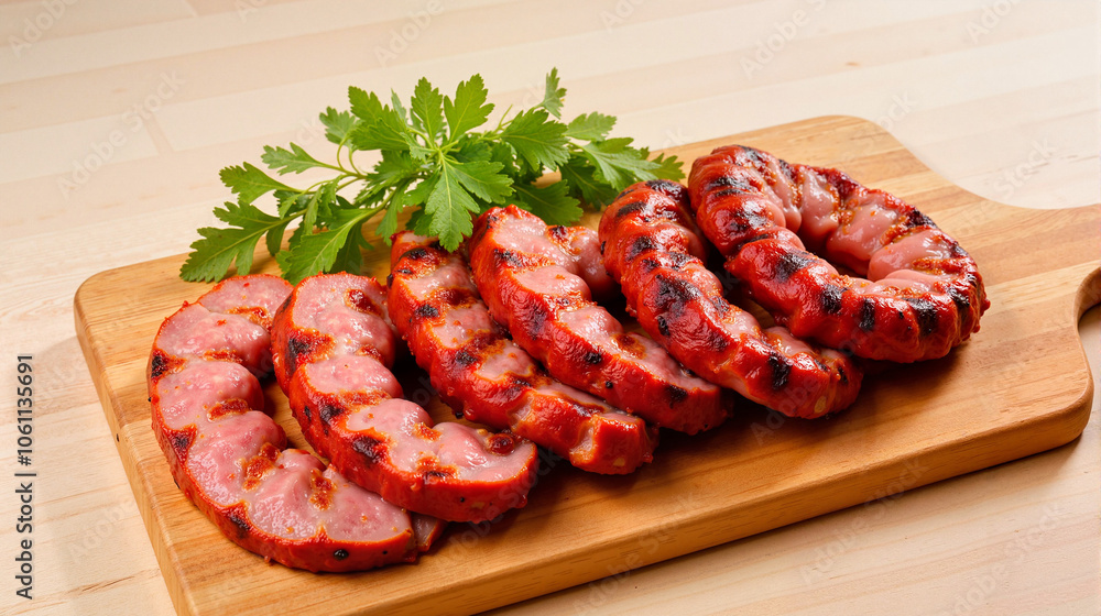 Grilled sucuk sausage on wooden cutting board Grilled sucuk sausage on wooden cutting board
