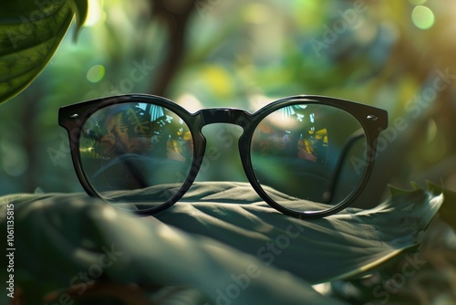 Pair of black-rimmed glasses on green leaves, symbolizing a connection with nature