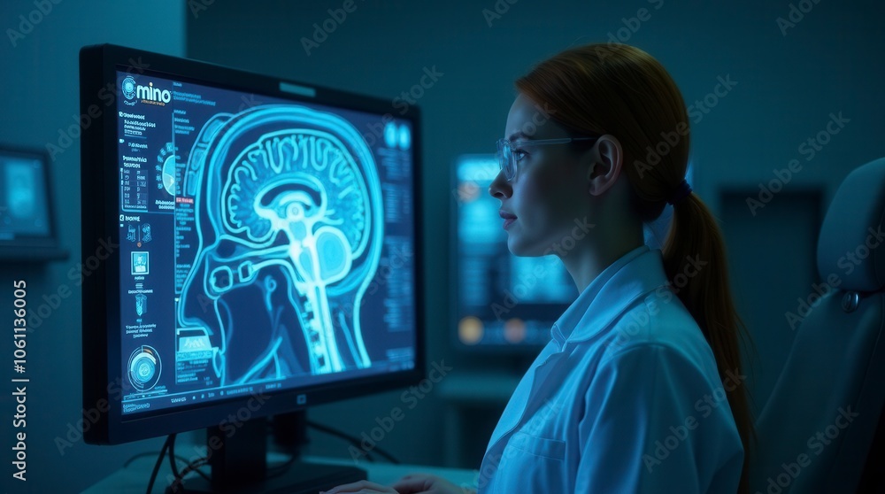 Obraz premium Innovative Medical Technology Diagnosing Patient Brain with Intelligent Software in Hospital Setting