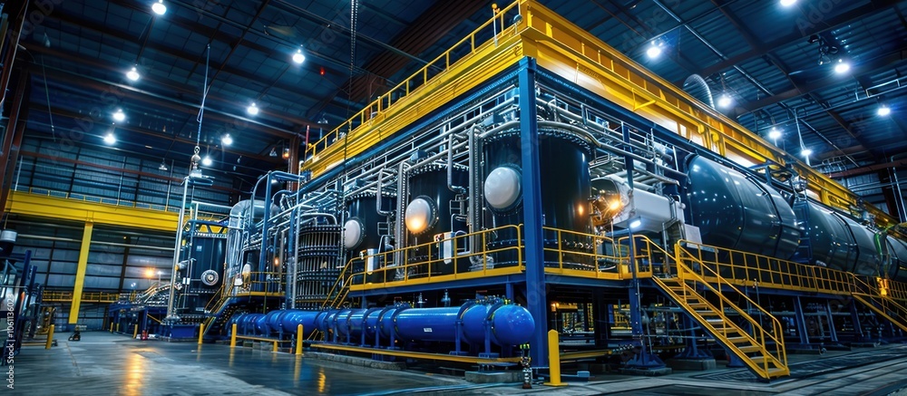 Illuminated industrial factory with heavy machinery pipes storage tanks and other equipment in a panoramic nighttime view The large manufacturing facility is brightly lit Illuminated industrial factory with heavy machinery pipes storage tanks and other equipment in a panoramic nighttime view The large manufacturing facility is brightly lit