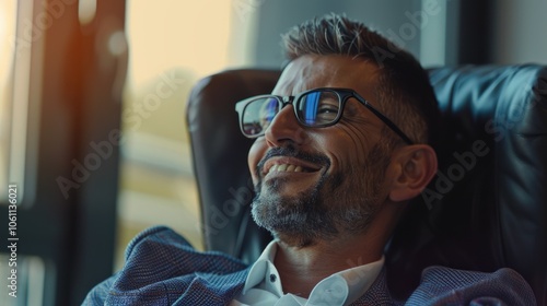 A man in a suit laughs, sitting comfortably with his feet up.