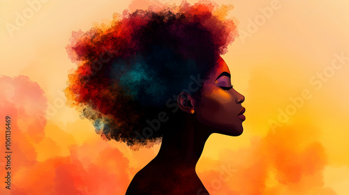 Woman with Afro Hairstyle in Profile, african american woman, black woman, portrait, silhouette, sunset photo