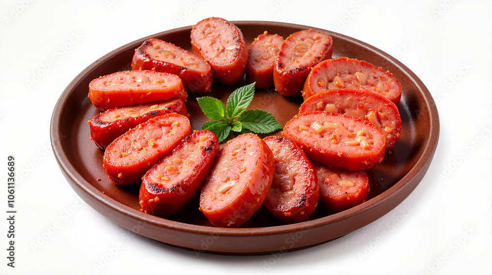 Sliced Turkish sucuk sausage on brown plate with mint Sliced Turkish sucuk sausage on brown plate with mint